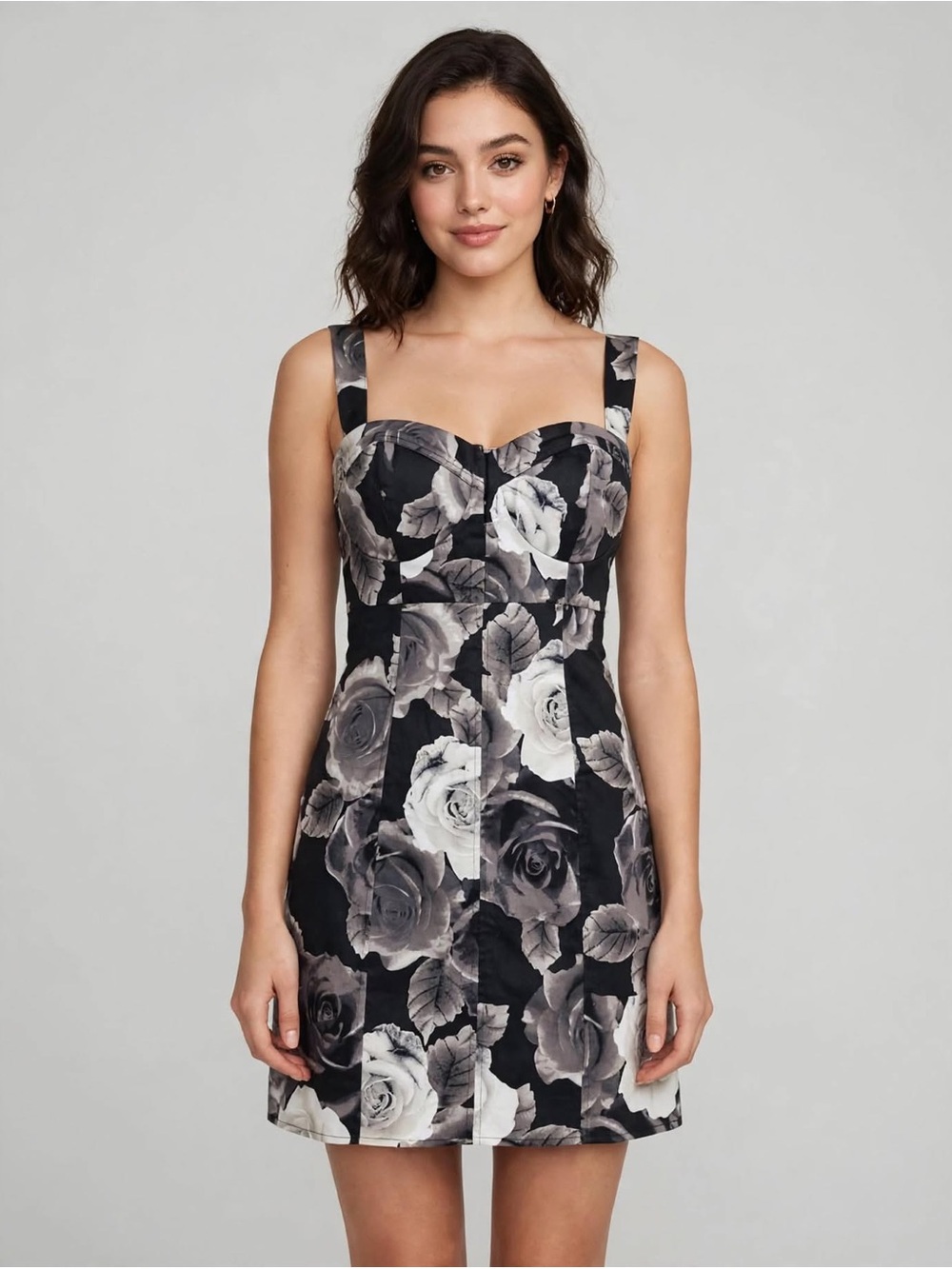 bebe Black & Gray Floral Sweetheart Strap Mini Dress